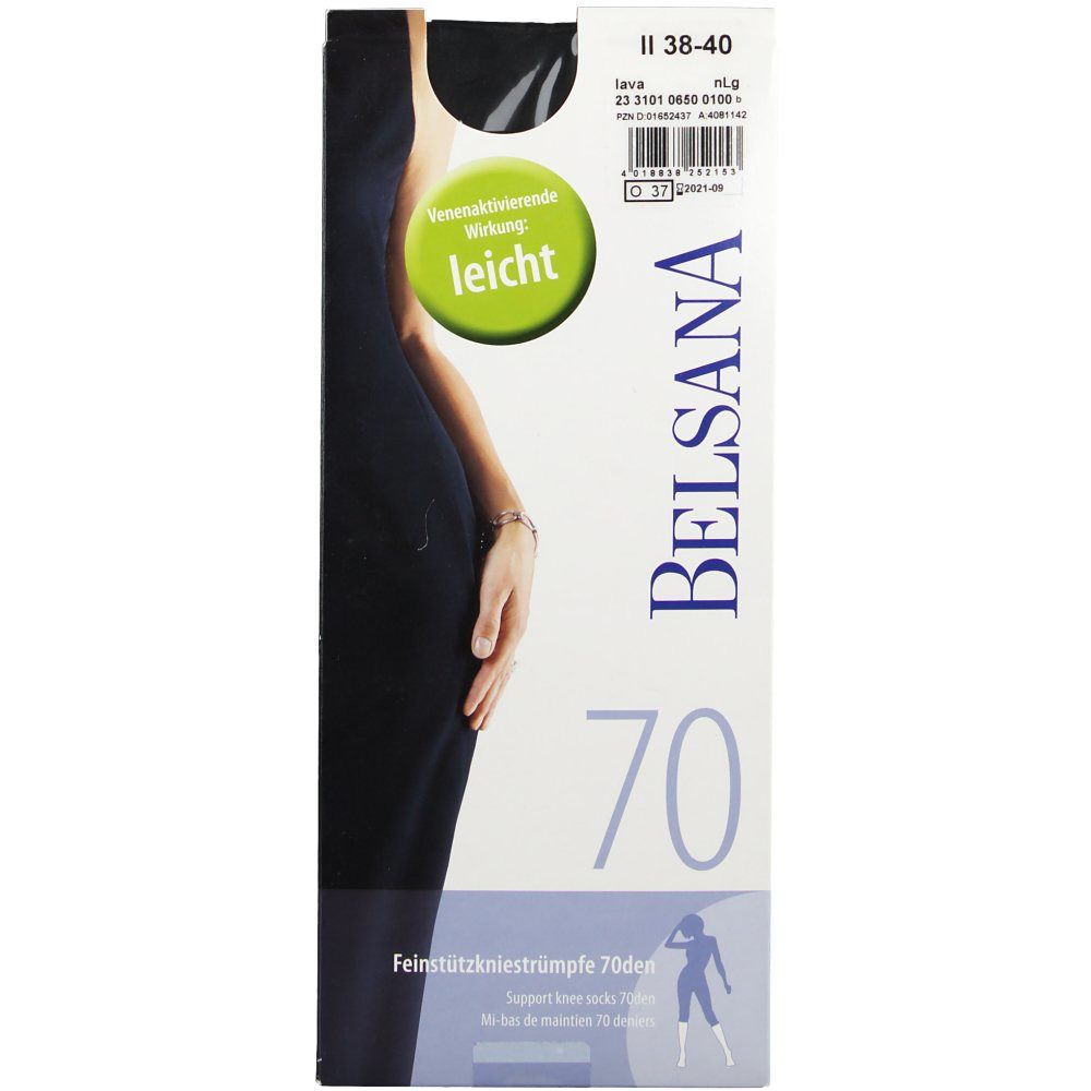 Verpackung mit Belsana Feinstützkniestrümpfe. Aufdruck: 70, leicht, II 38-40. Abbildung einer Frau im Kleid.