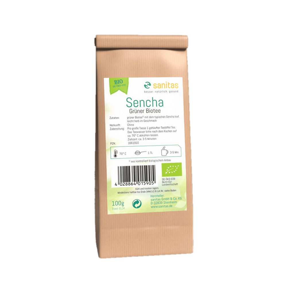 Bio Sencha Grüner Tee in brauner Papiertüte, 100g. Enthält Bio-Siegel und Produktinformationen.