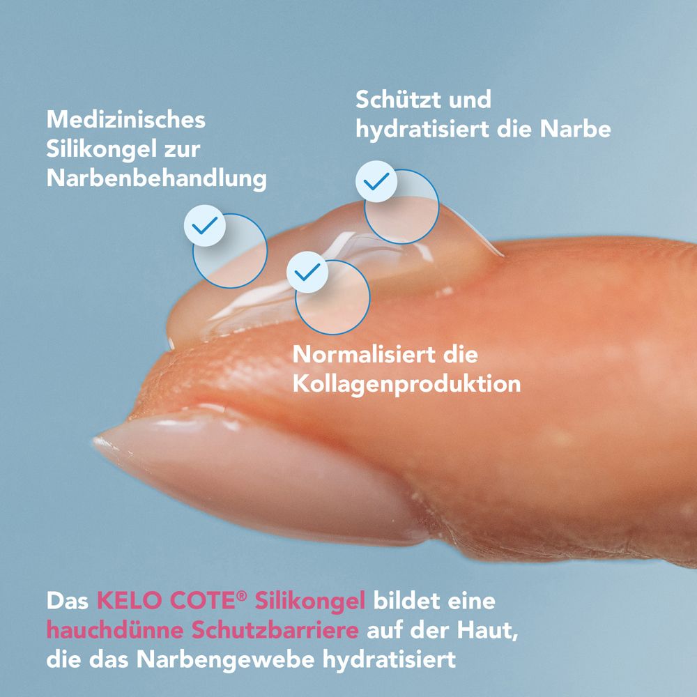 Nahaufnahme Finger mit Gel. Kelo-cote Silikongel. Bildet Schutzbarriere. Normalisiert Kollagenproduktion.