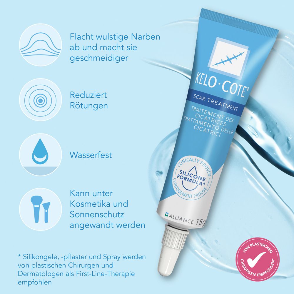 Kelo-cote Narbengel Tube. Reduziert Rötungen, wasserfest. Kann unter Kosmetika verwendet werden.