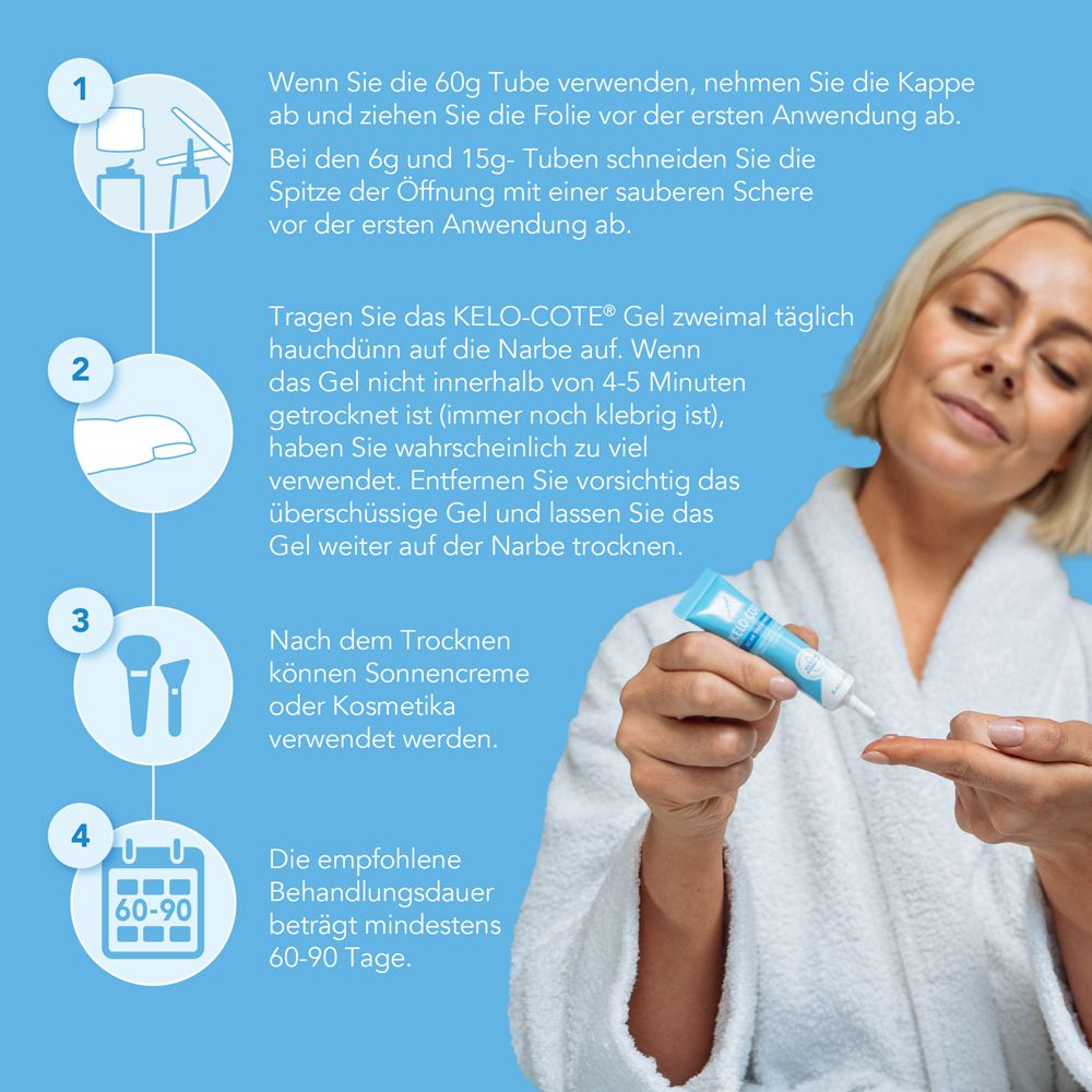 Anwendungshinweise für Kelo-cote Gel. Frau trägt Gel auf. Symbole und Text.