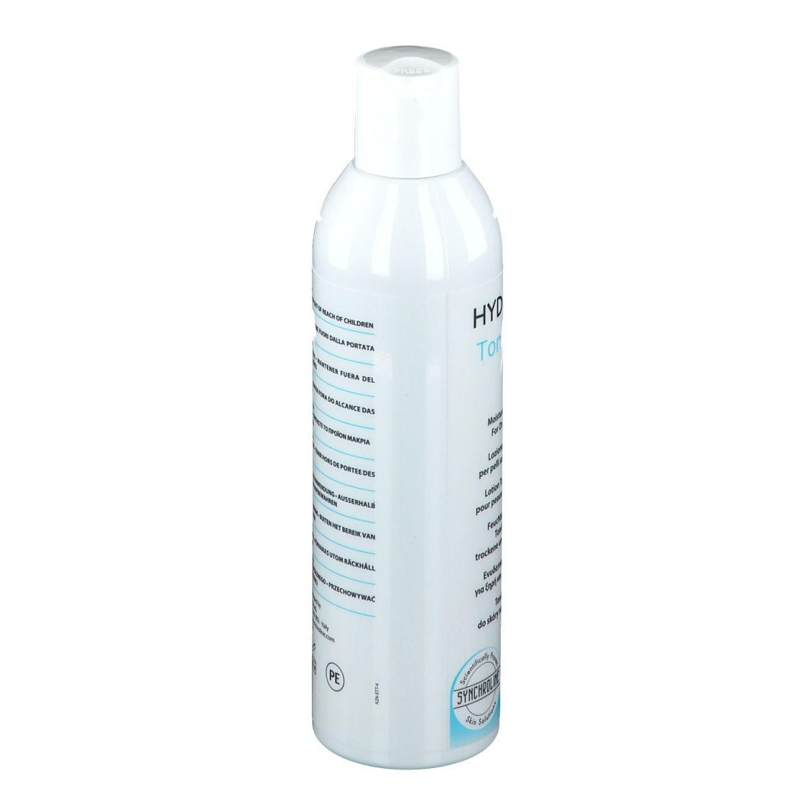Weiße Flasche mit weißem Deckel. Aufschrift HYDRATIME Tonic lotion. Rückseite mit Text in mehreren Sprachen.