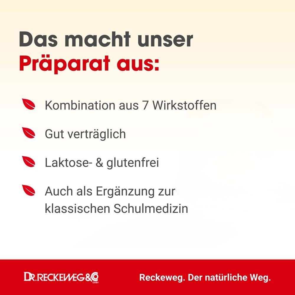 Text mit roten Akzenten. Kombination aus 7 Wirkstoffen. Gut verträglich. Laktose- & glutenfrei. Ergänzung zur Schulmedizin. Dr. Reckeweg.