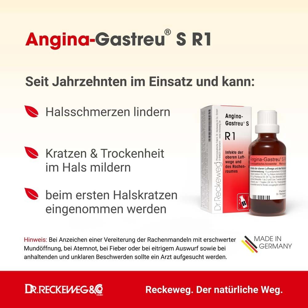 Text mit roten Akzenten. Angina-Gastreu® S R1. Lindert Halsschmerzen, mildert Kratzen & Trockenheit, bei Halskratzen einnehmen.