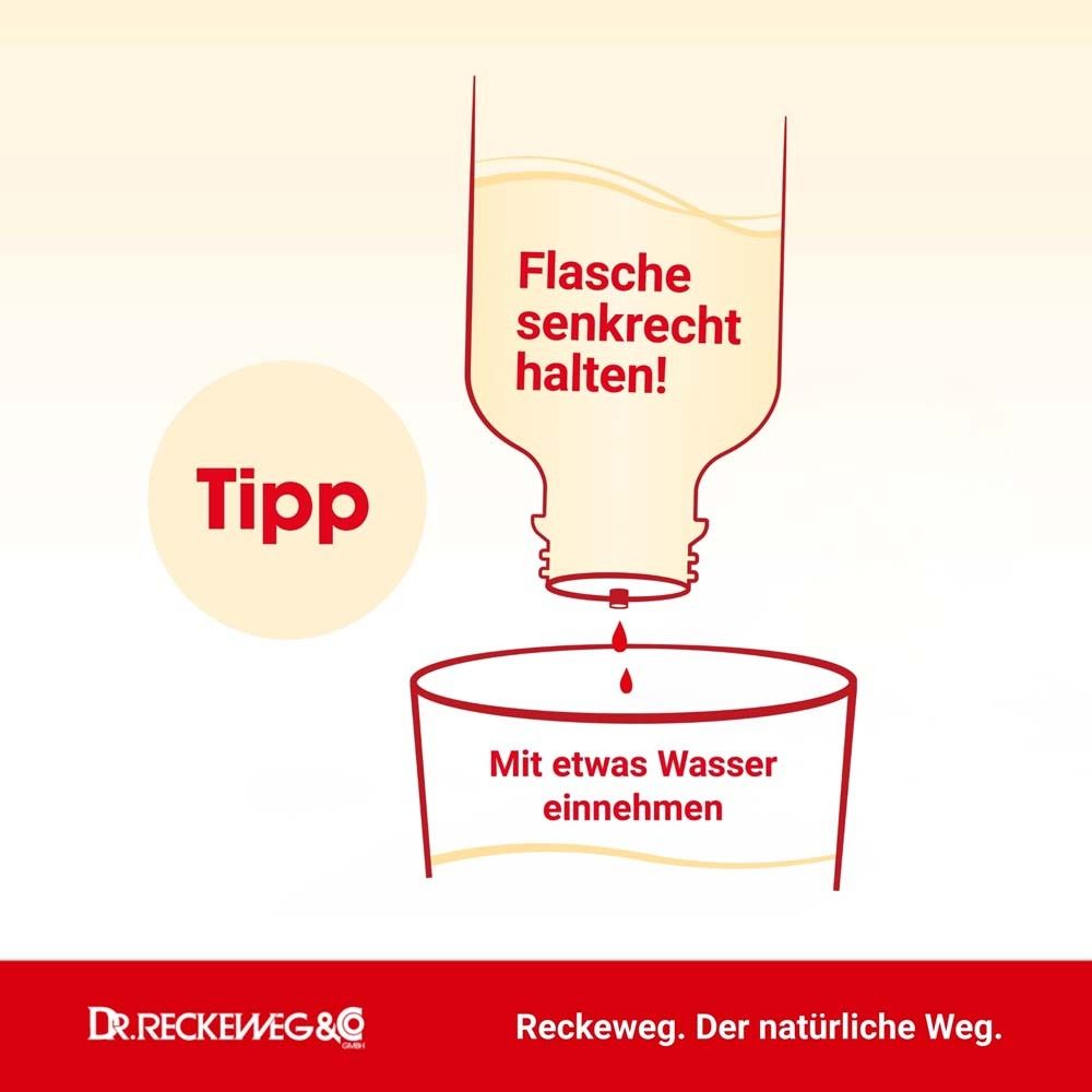 Tipp: Flasche senkrecht halten! Mit etwas Wasser einnehmen. Darstellung einer Flasche.