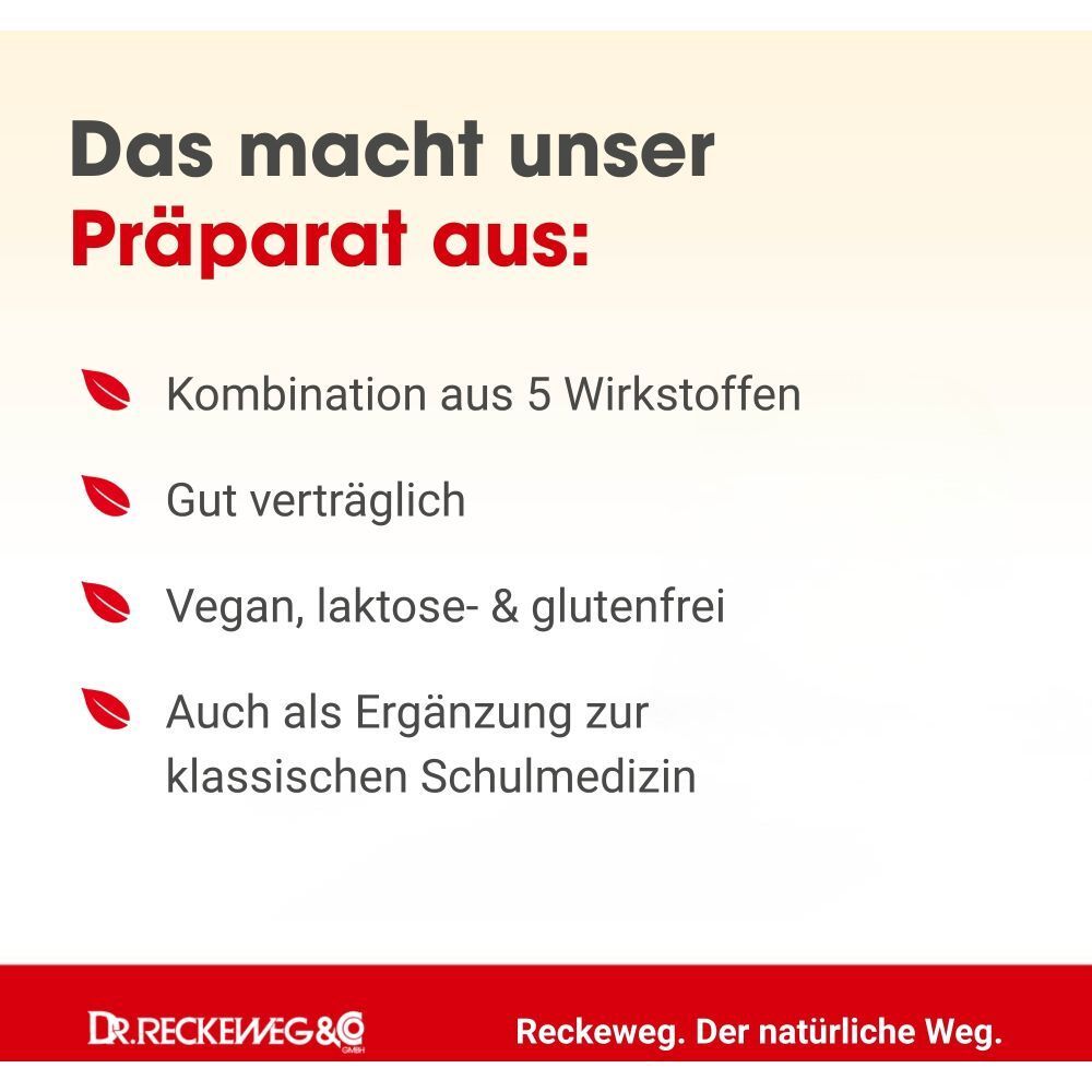 Kombination aus 5 Wirkstoffen, gut verträglich, vegan, laktose- & glutenfrei. Auch als Ergänzung zur klassischen Schulmedizin.