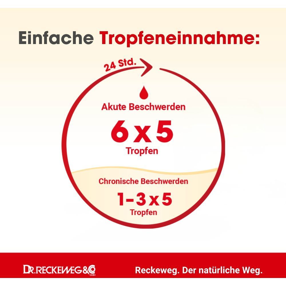 Dosierungshinweise für akute und chronische Beschwerden: 6x5 Tropfen bei akuten, 1-3x5 Tropfen bei chronischen Beschwerden.