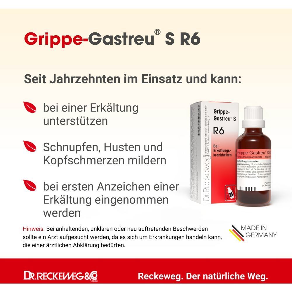 Grippe-Gastreu S R6: Unterstützt bei Erkältung, lindert Schnupfen, Husten, Kopfschmerzen. Made in Germany.