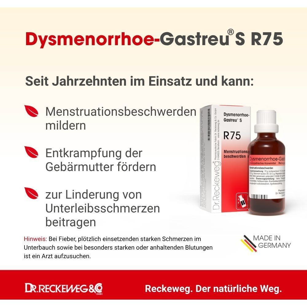 Verpackung von Dysmenorrhoe-Gastreu® S R75 Tropfen mit Hinweisen zur Anwendung und "Made in Germany"-Siegel.