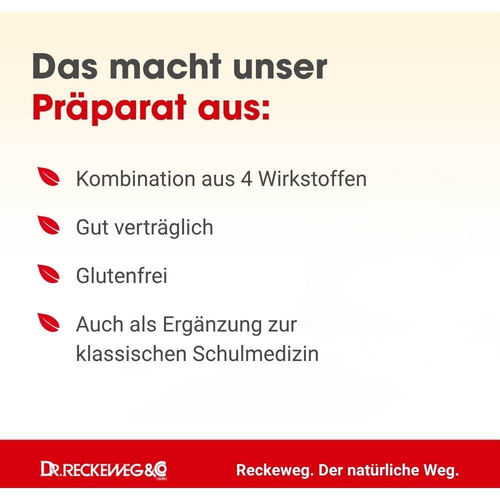 Auflistung der Vorteile von Dysmenorrhoe-Gastreu S R75: 4 Wirkstoffe, gut verträglich, glutenfrei.