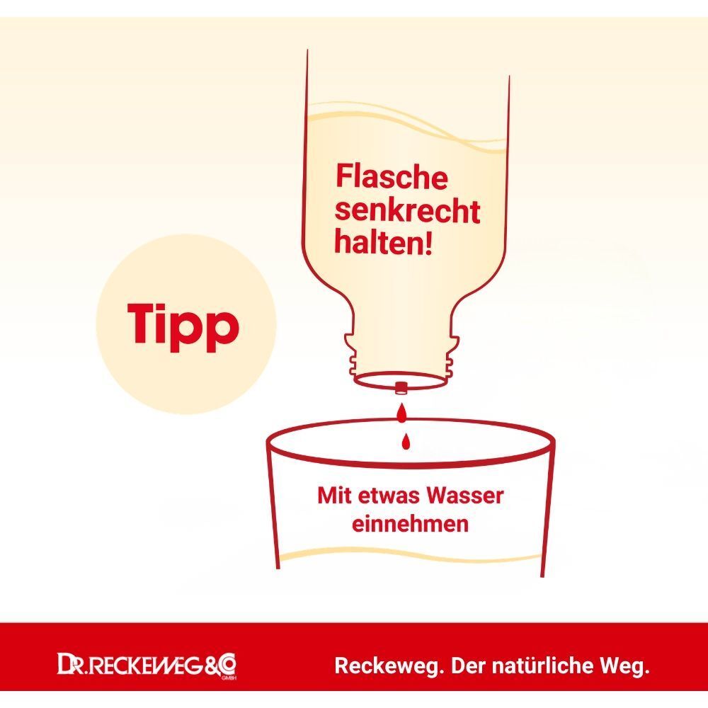 Nahaufnahme einer braunen Tropfenflasche mit weißem Verschluss und Etikett mit Produktinformationen.