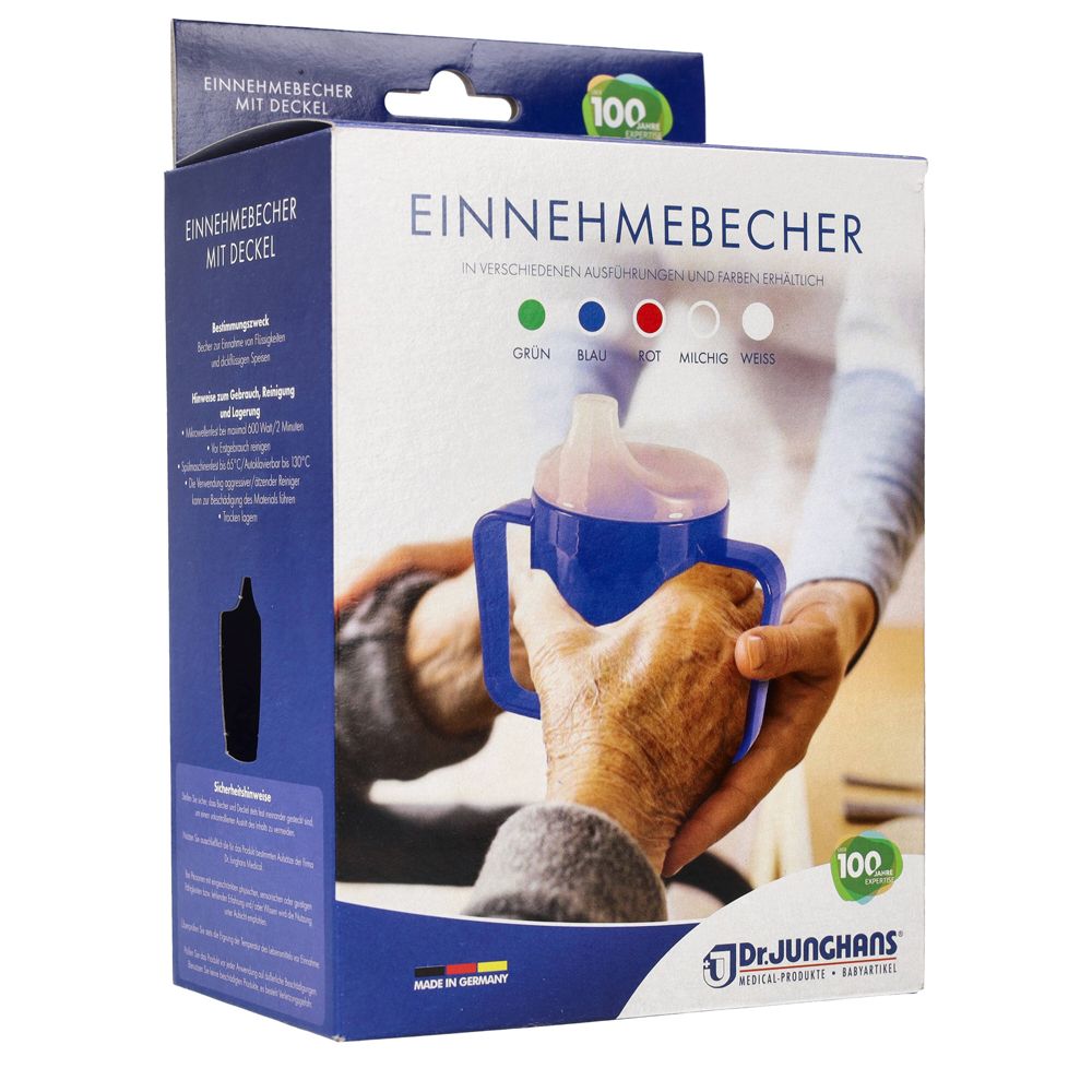 Verpackung mit blauem Trinkbecher mit Deckel. Farben: Grün, Blau, Rot, Milchig, Weiß. Marke: Dr. Junghans.