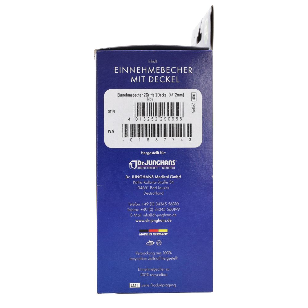 Rückseite der Verpackung. Text: Einnehmebecher mit Deckel. Barcode und Herstellerinformationen. Marke: Dr. Junghans.
