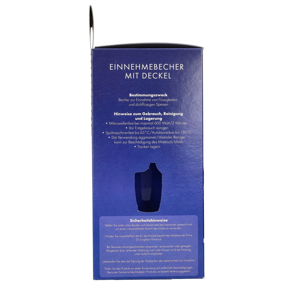 Rückseite der Verpackung. Text: Einnehmebecher mit Deckel. Hinweise zur Reinigung und Sicherheit. Marke: Dr. Junghans.