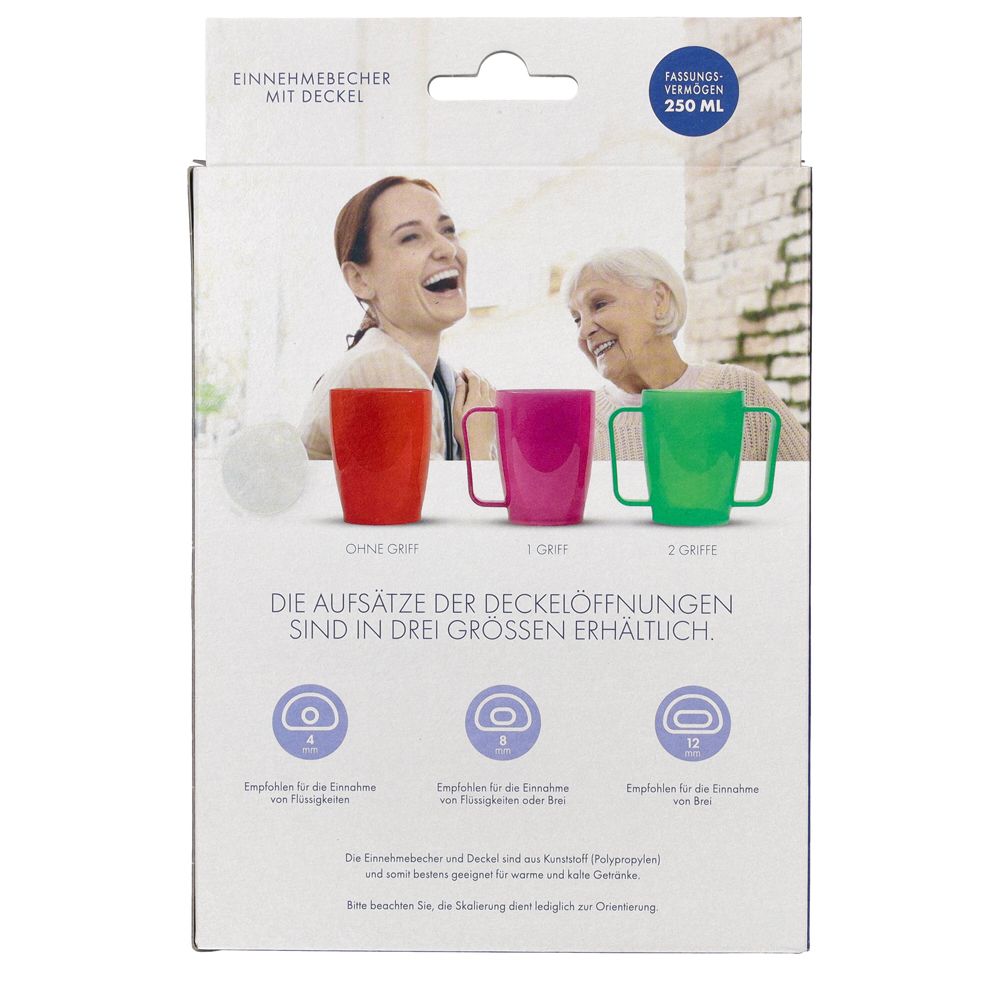 Verpackung mit drei farbigen Trinkbechern. Aufschrift: Die Aufsätze der Deckelöffnungen sind in drei Größen erhältlich.