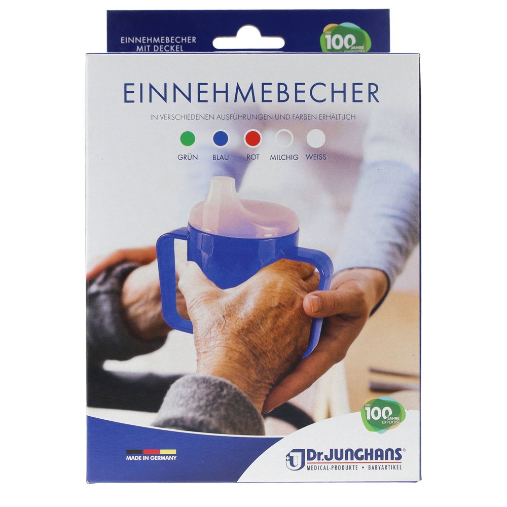 Verpackung mit Produktabbildung. Becher mit Deckel und zwei Griffen. Farbauswahl. Marke: Dr. Junghans. Hergestellt in Deutschland.