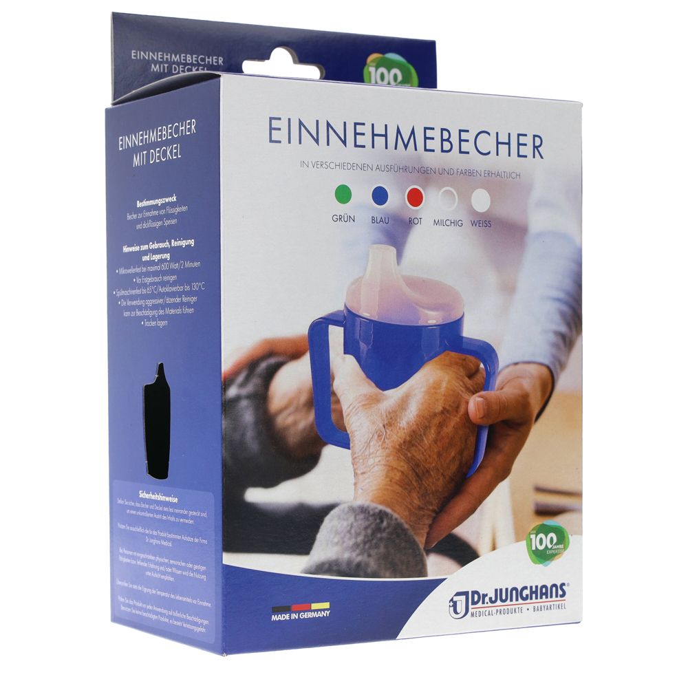 Verpackung mit Produktabbildung. Becher mit Deckel und zwei Griffen. Farbauswahl. Marke: Dr. Junghans. Hergestellt in Deutschland.