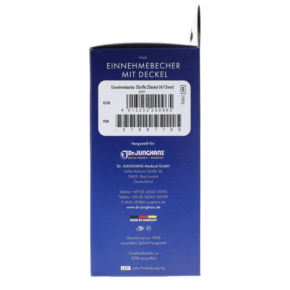 Rückseite der Verpackung. Produktinformationen und Barcode. Marke: Dr. Junghans. Hergestellt in Deutschland. CE-Zeichen.