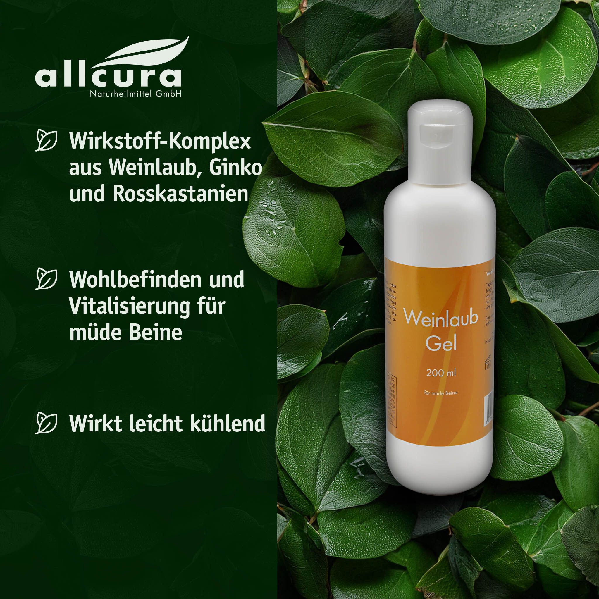 Weiße Flasche Weinlaub Gel vor grünem Hintergrund. Text: Wirkstoff-Komplex, Wohlbefinden, wirkt kühlend.