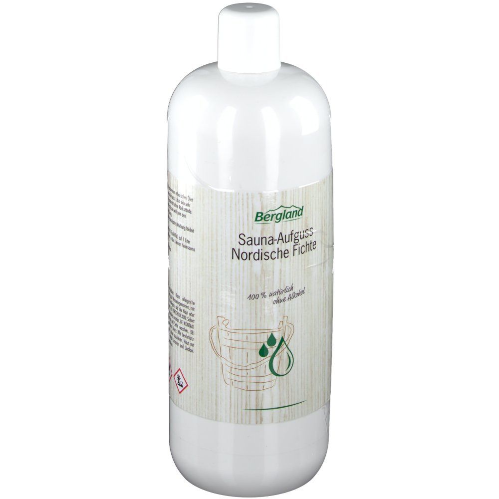 Weißliche Flasche mit grünem Etikett. Aufschrift: Bergland Sauna-Aufguss Nordische Fichte. Abbildung: Saunaeimer und Tropfen.