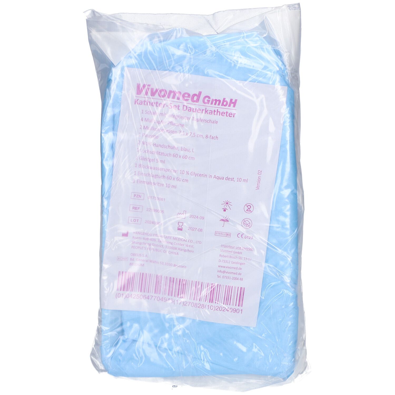 Verpackung Katheter-Set Dauerkatheter, Vivomed GmbH. Blaue Verpackung mit Produktinformationen. Enthält Zubehör, steril verpackt.