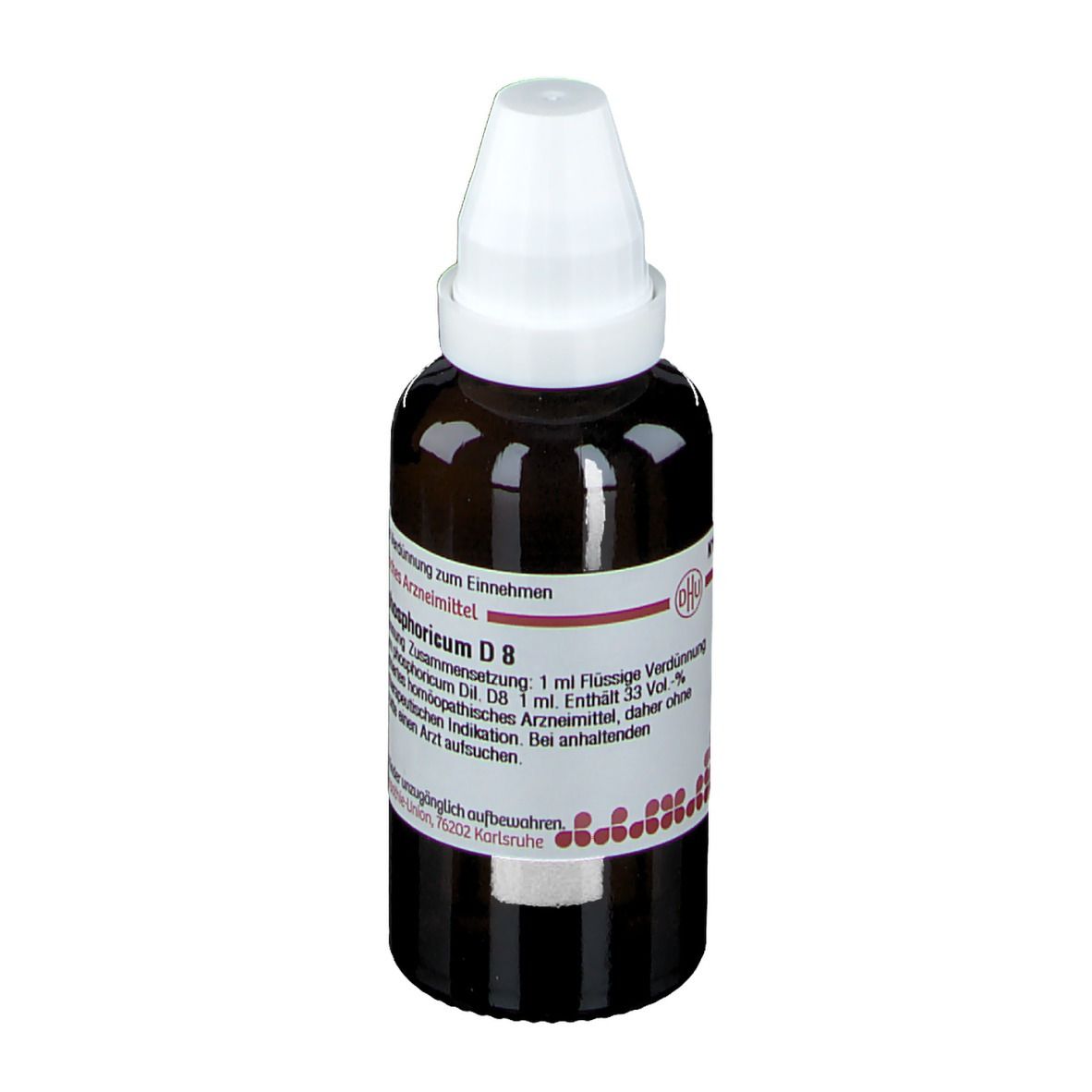 Braune Glasflasche mit weißem Verschluss. Etikett mit Text: Calcium phosphoricum D8. Arzneimittel.