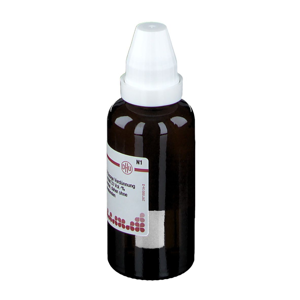 Braune Glasflasche mit weißem Verschluss. Etikett mit Text: Calcium phosphoricum D8. Arzneimittel.