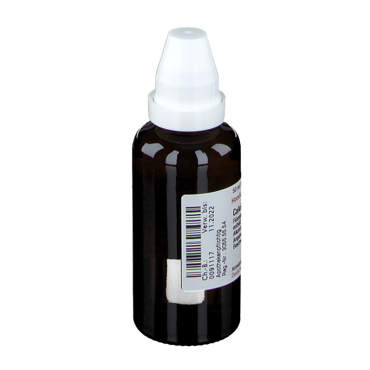 Braune Glasflasche mit weißem Verschluss. Etikett mit Text: Calcium phosphoricum D8. Arzneimittel.