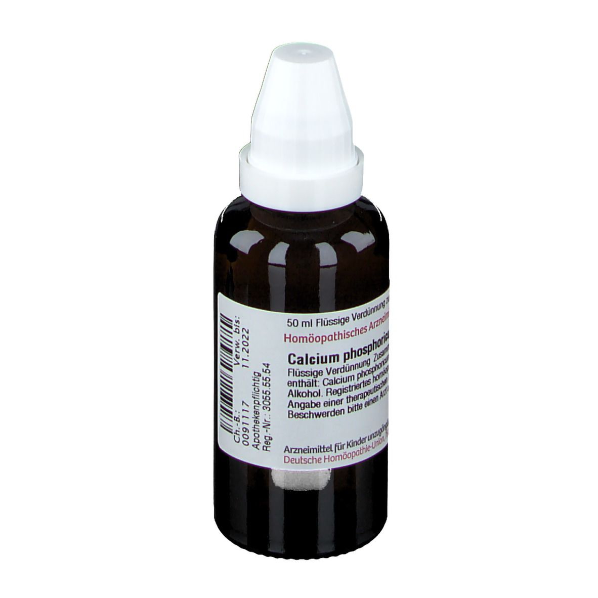 Braune Glasflasche mit weißem Verschluss. Etikett mit Text: Calcium phosphoricum D8. Arzneimittel.