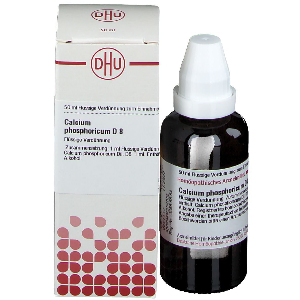Produktflasche und Verpackung. Flasche: braunes Glas, weißer Verschluss. Verpackung: weiß, rot, Text: DHU, Calcium phosphoricum D8.