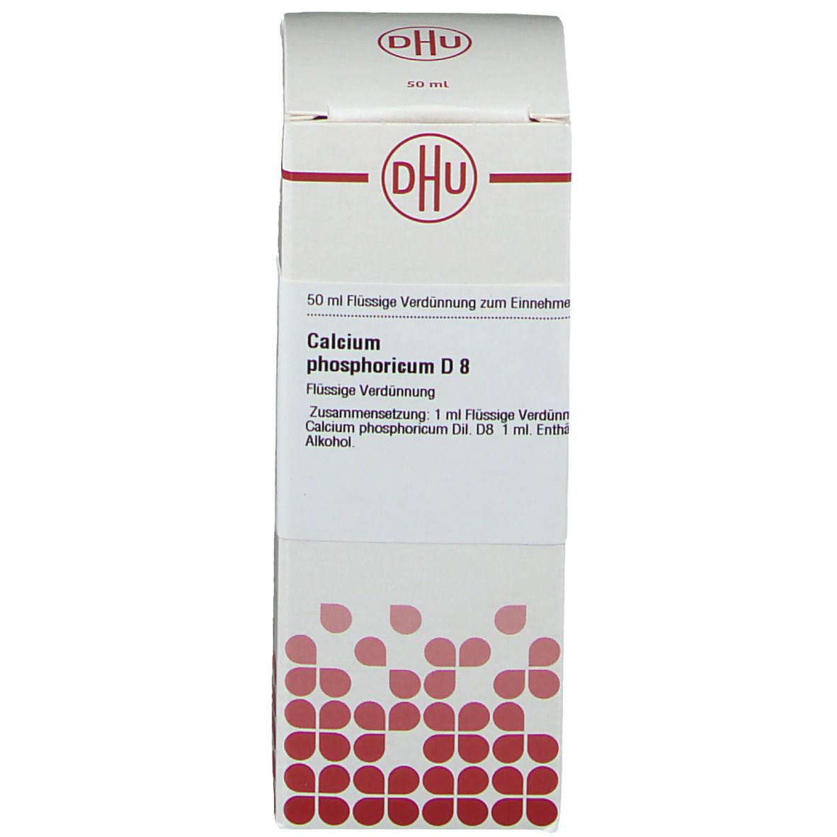 Produktverpackung. Weiß, rot. Text: DHU, Calcium phosphoricum D8, 50 ml. Arzneimittel.