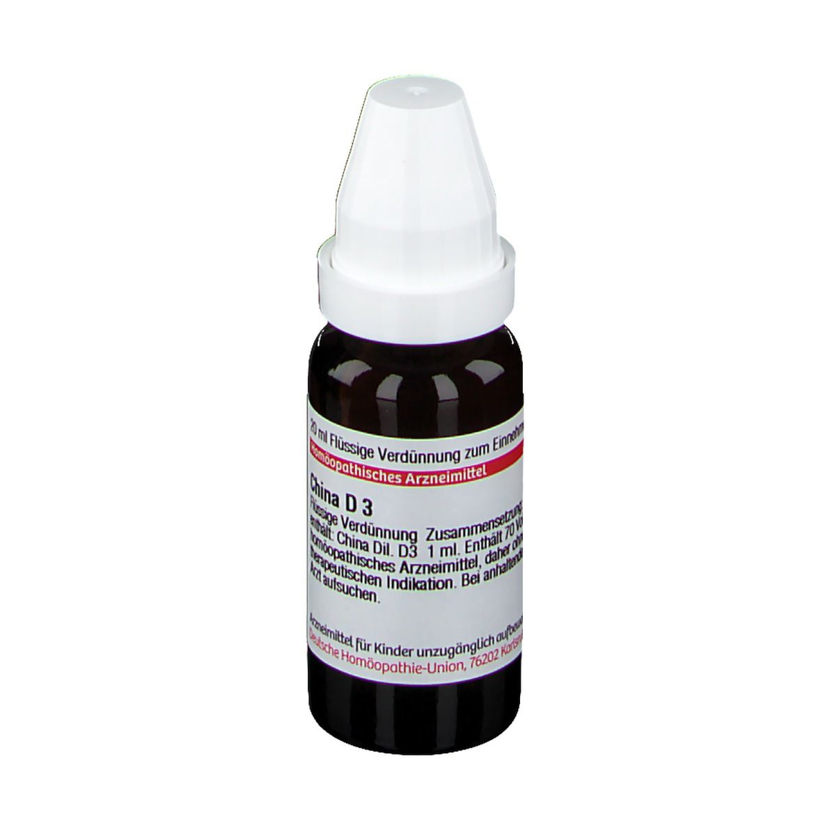 Braune Glasflasche mit weißem Verschluss. Etikett mit Text: China D3, 20 ml, homöopathisches Arzneimittel.