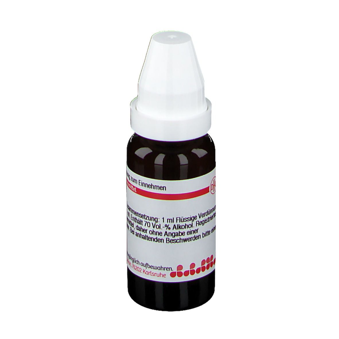 Braune Glasflasche mit weißem Verschluss. Etikett mit Text: China D3, 20 ml, homöopathisches Arzneimittel.