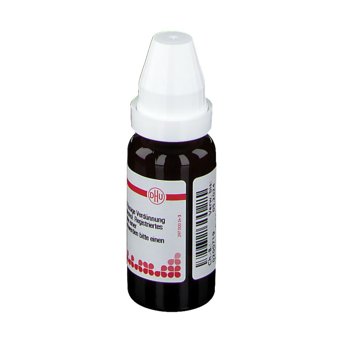 Braune Glasflasche mit weißem Verschluss. Etikett mit Text: China D3, 20 ml, homöopathisches Arzneimittel.