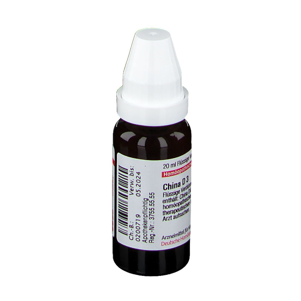 Braune Glasflasche mit weißem Verschluss. Etikett mit Text: China D3, 20 ml, homöopathisches Arzneimittel.