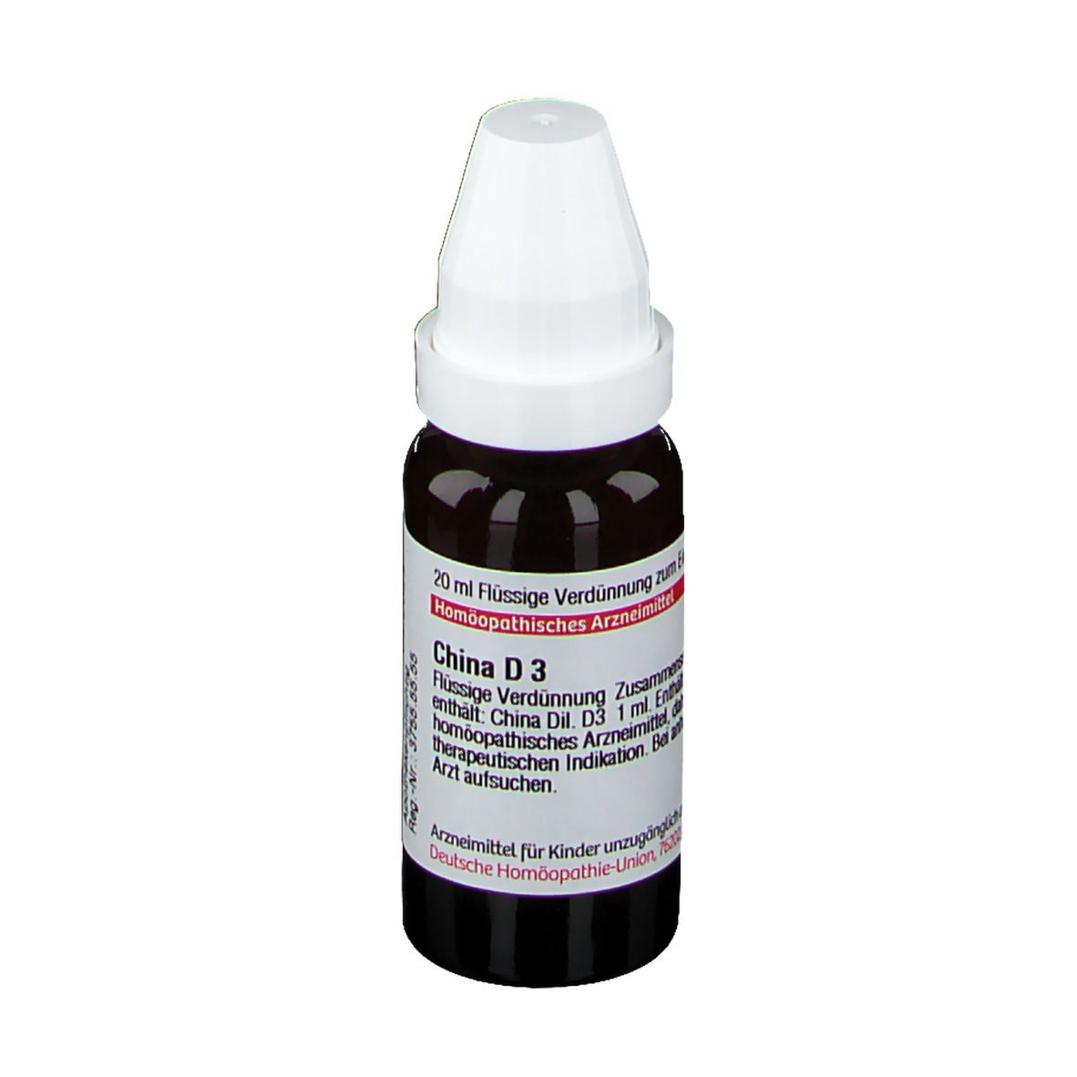 Braune Glasflasche mit weißem Verschluss. Etikett mit Text: China D3, 20 ml, homöopathisches Arzneimittel.