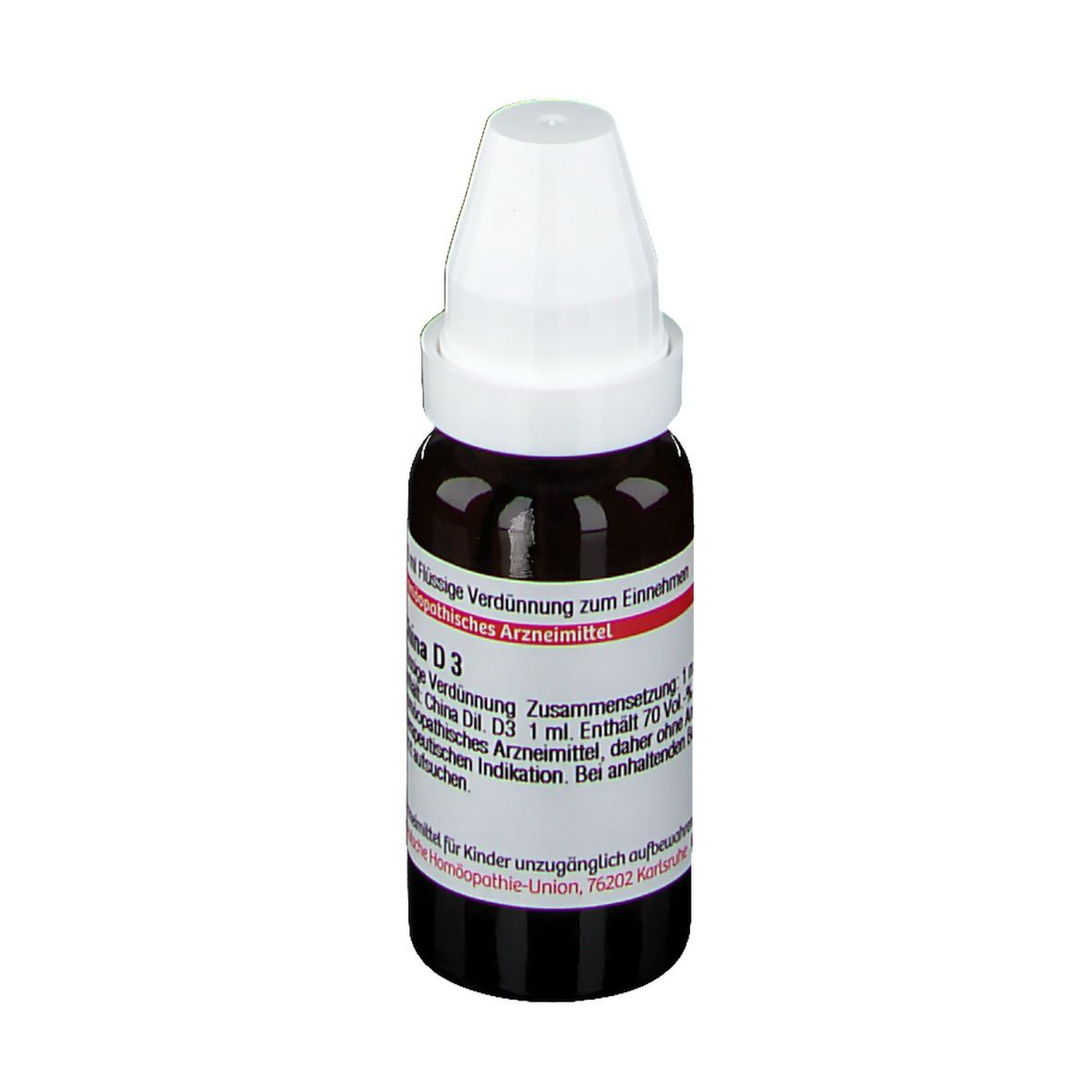 Braune Glasflasche mit weißem Verschluss. Etikett mit Text: China D3, 20 ml, homöopathisches Arzneimittel.