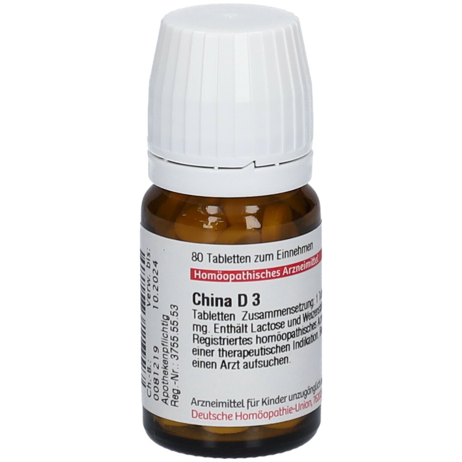 Braune Glasflasche mit weißen Deckel. Etikett mit Text: China D3, 80 Tabletten, Homöopathisches Arzneimittel. Haltbarkeit bis 10.2024.