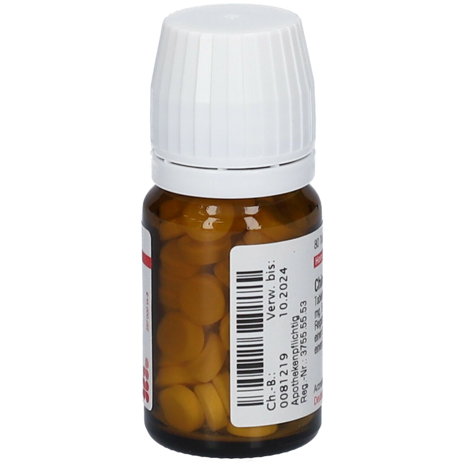 Braune Glasflasche mit weißen Deckel. Tabletten sichtbar. Etikett mit Barcode und Text: China D3. Haltbarkeit bis 10.2024.
