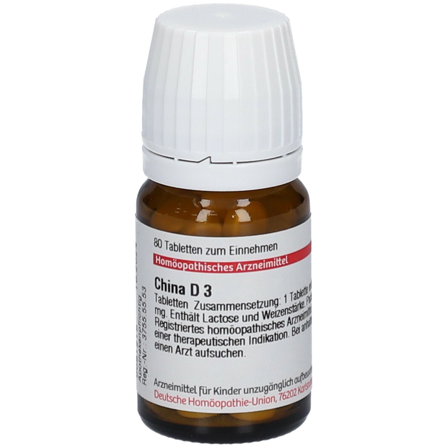 Braune Glasflasche mit weißen Deckel. Etikett mit Text: China D3, 80 Tabletten, Homöopathisches Arzneimittel. Haltbarkeit bis 10.2024.