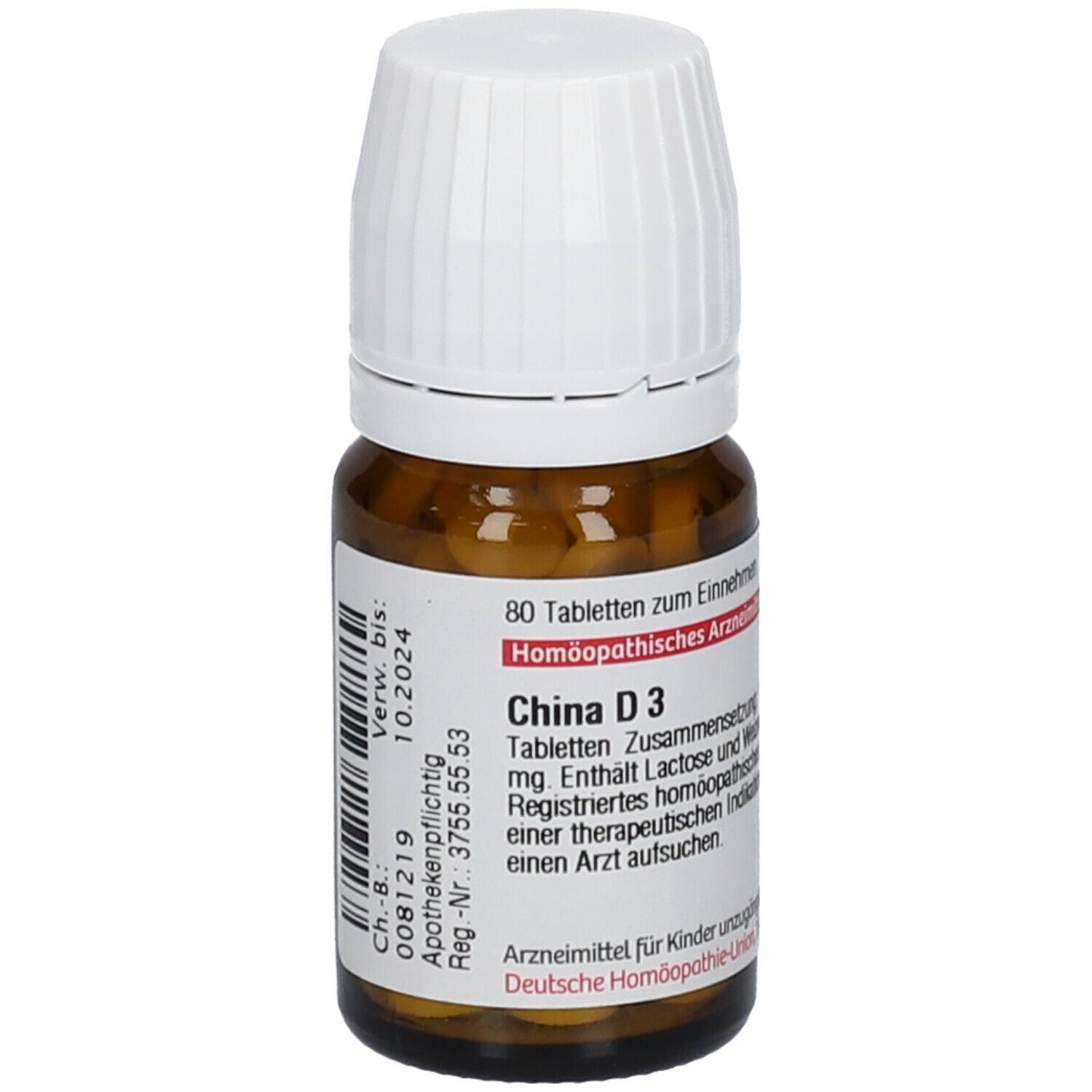 Braune Glasflasche mit weißen Deckel. Etikett mit Text: China D3, 80 Tabletten, Homöopathisches Arzneimittel. Haltbarkeit bis 10.2024.