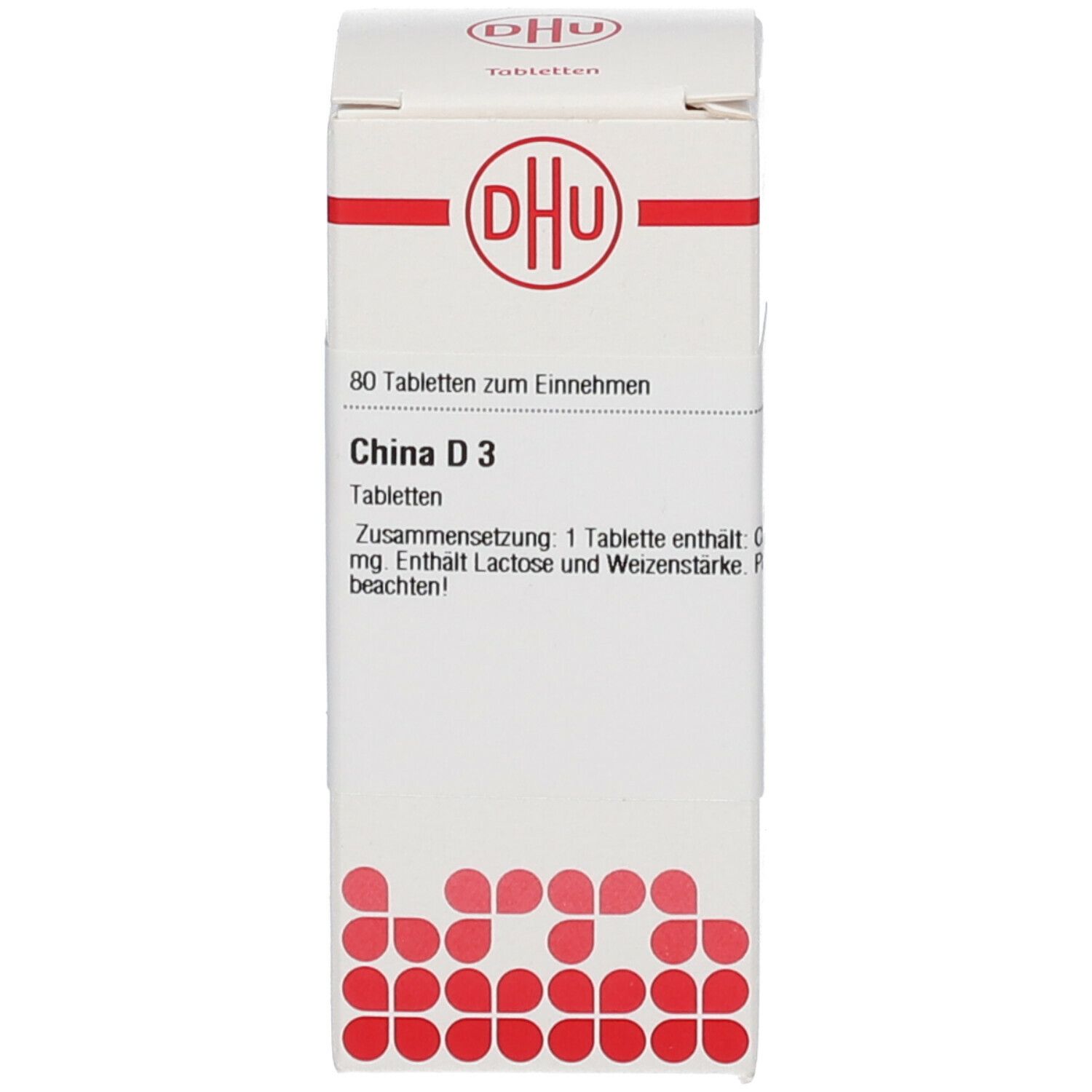 Weiße Schachtel mit Text: DHU, China D3, 80 Tabletten. Rote und weiße grafische Elemente.