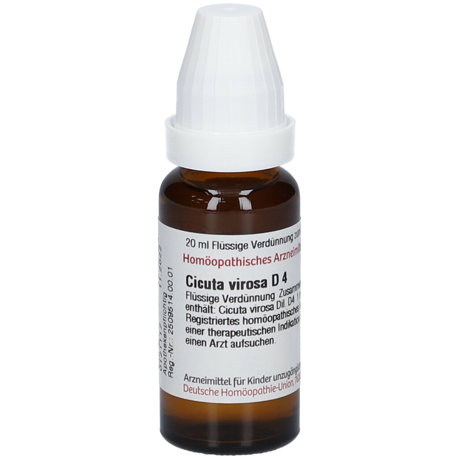 Braune Glasflasche mit weißem Verschluss. Etikett mit Text: Cicuta virosa D4. Homöopathisches Arzneimittel.