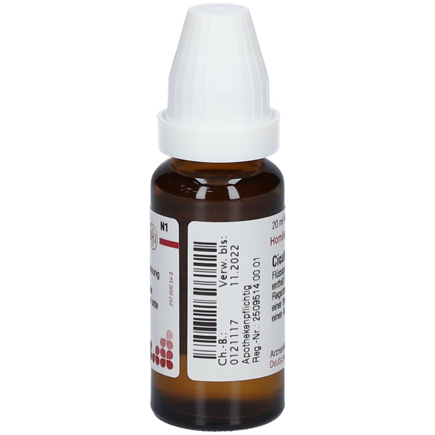 Braune Glasflasche mit weißem Verschluss. Etikett mit Text und Barcode. Homöopathisches Arzneimittel.