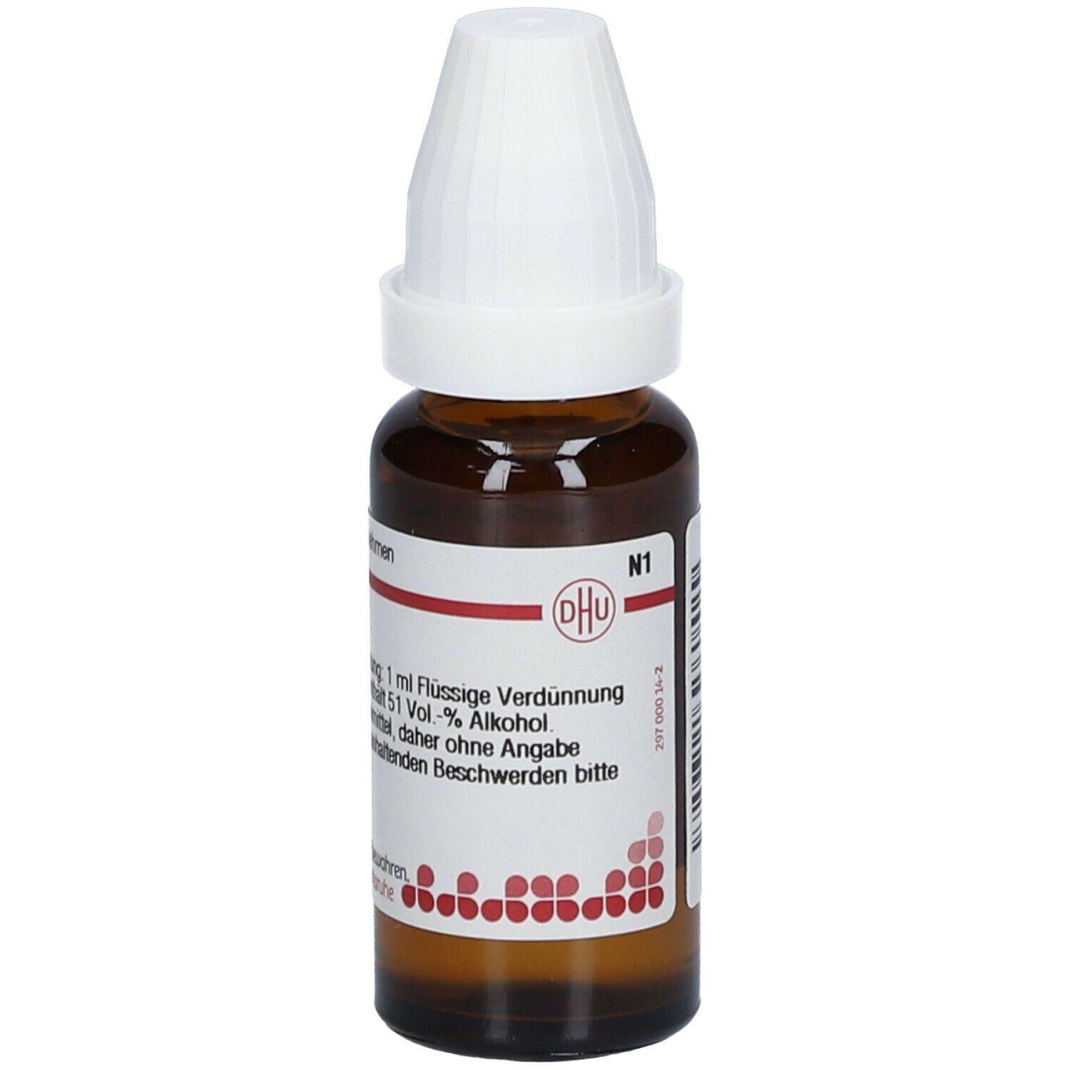 Braune Glasflasche mit weißem Verschluss. Etikett mit Text: DHU, Cicuta virosa D4. Homöopathisches Arzneimittel.