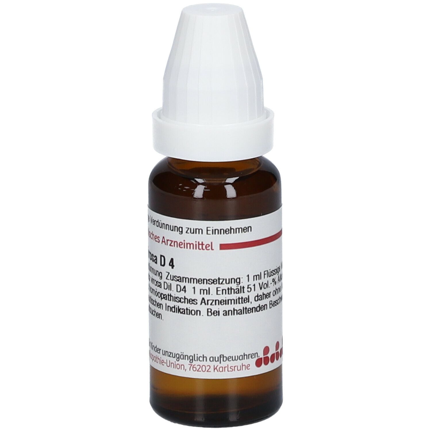 Braune Glasflasche mit weißem Verschluss. Etikett mit Text: Cicuta virosa D4. Homöopathisches Arzneimittel.
