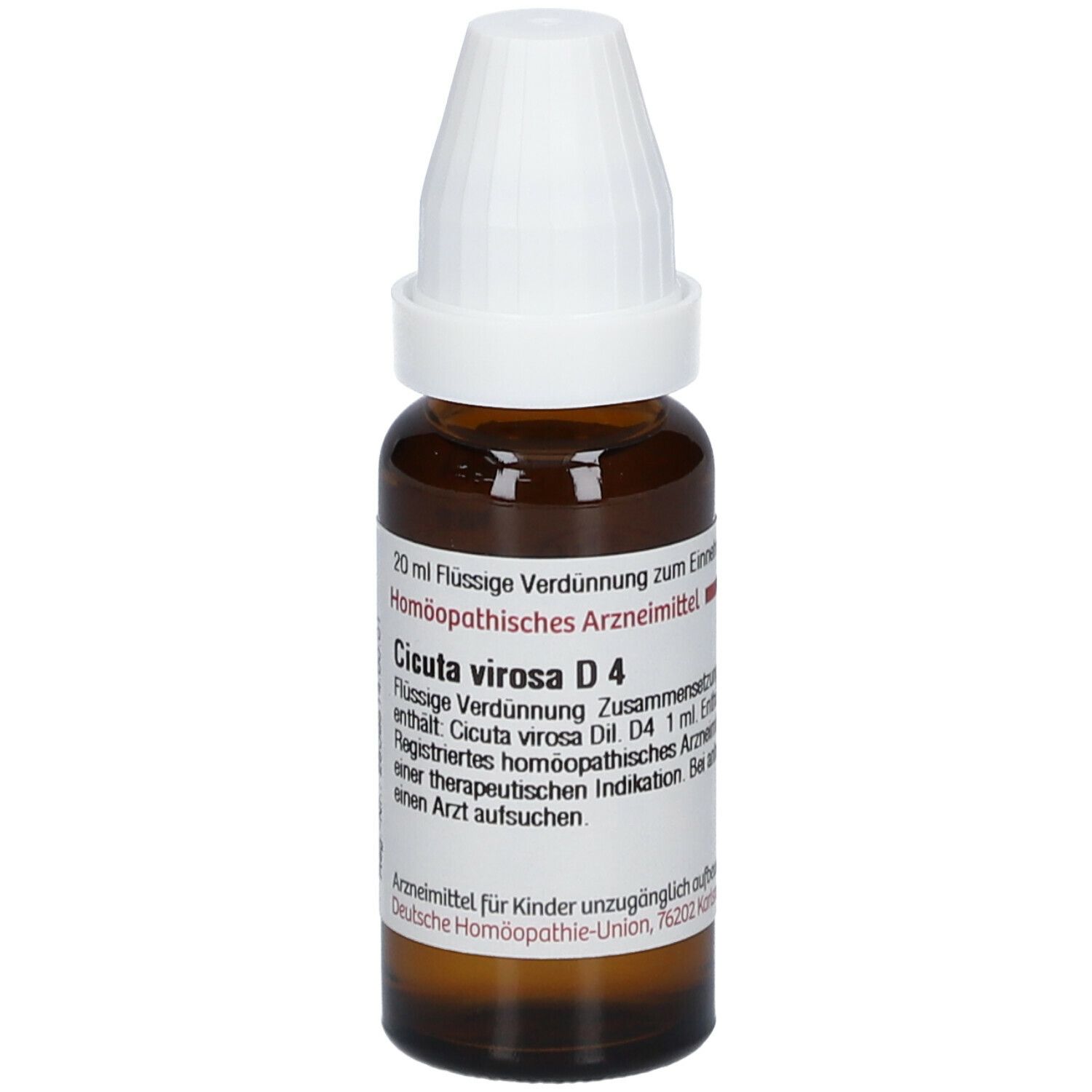Braune Glasflasche mit weißem Verschluss. Etikett mit Text: Cicuta virosa D4. Homöopathisches Arzneimittel.