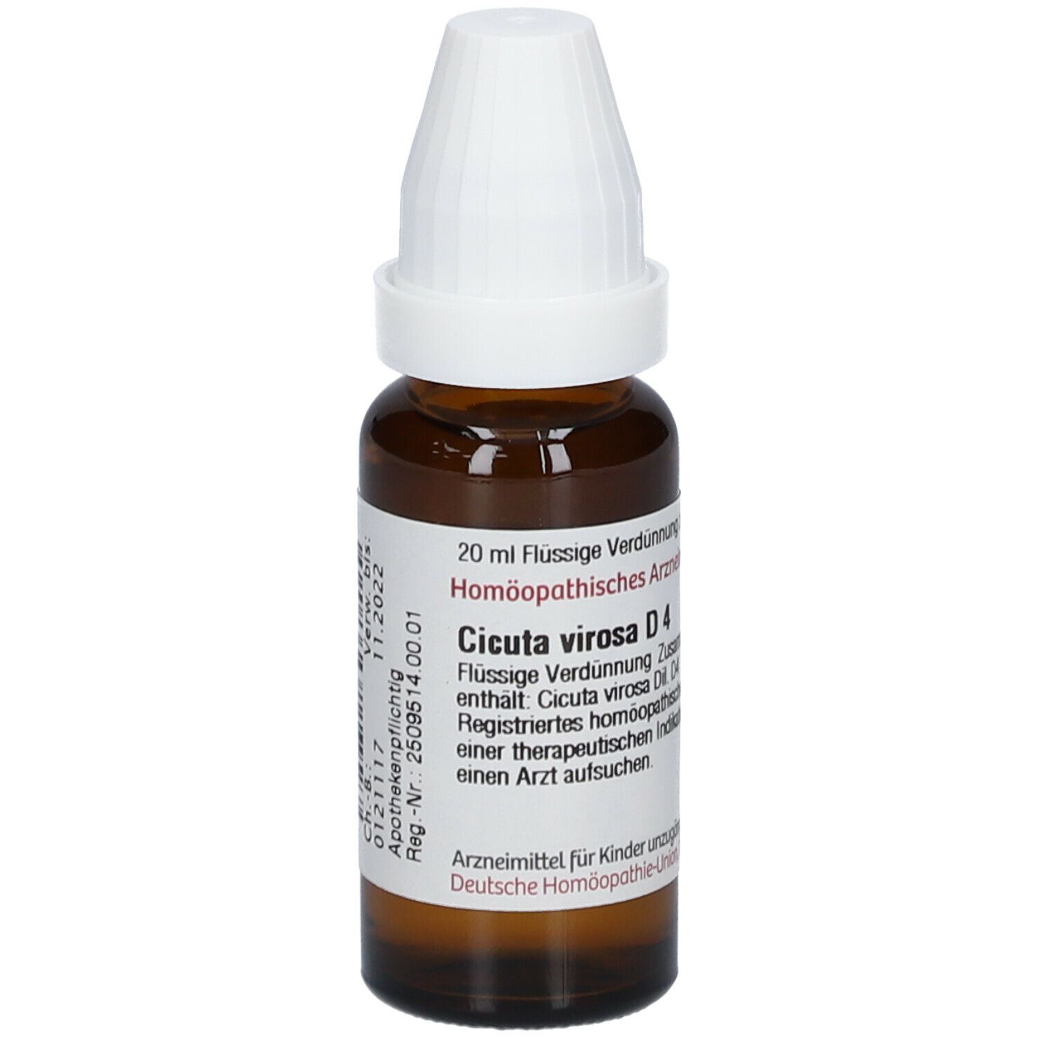 Braune Glasflasche mit weißem Verschluss. Etikett mit Text: Cicuta virosa D4. Homöopathisches Arzneimittel.
