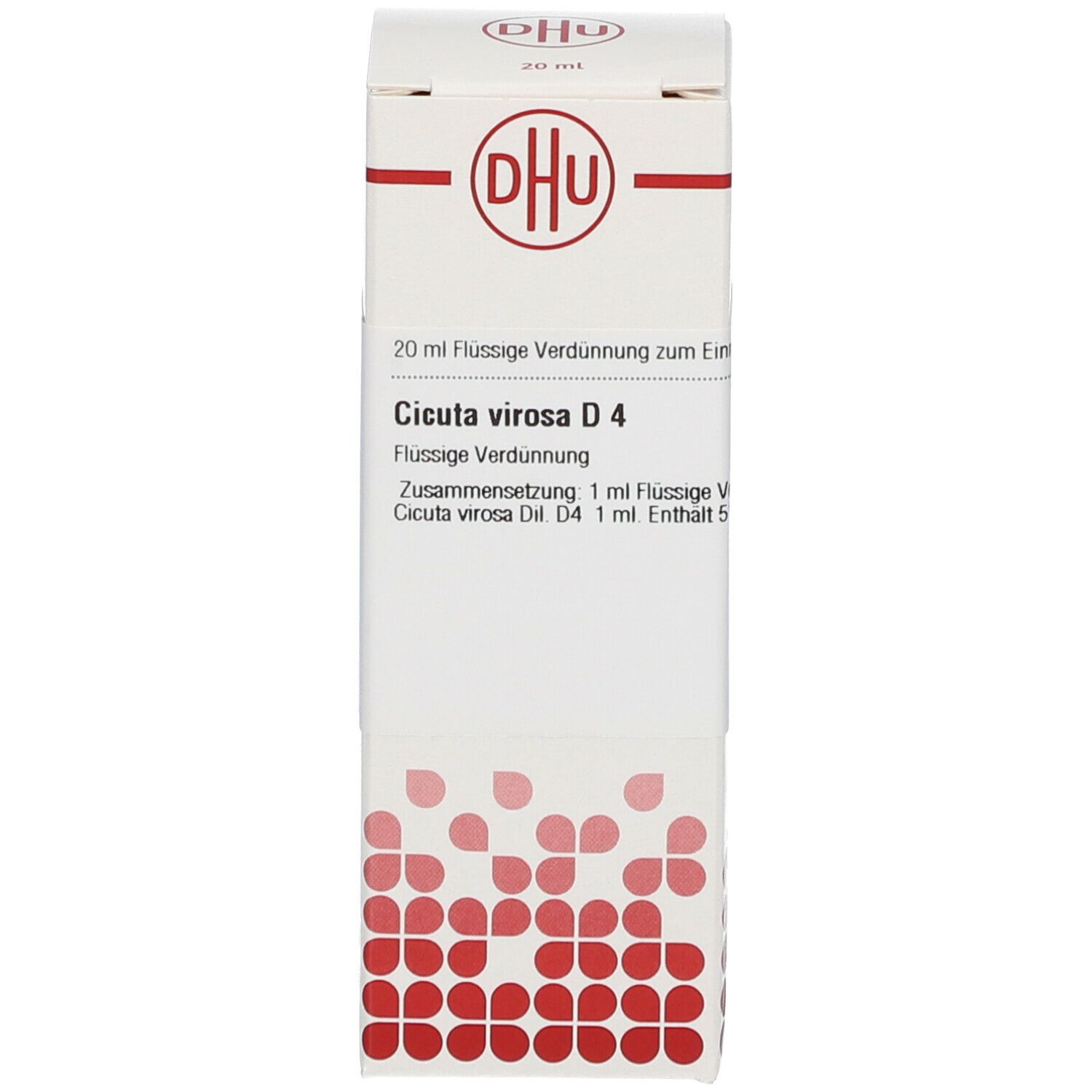 Weiße Schachtel mit rotem Muster und Text: DHU, Cicuta virosa D4. Flüssige Verdünnung.