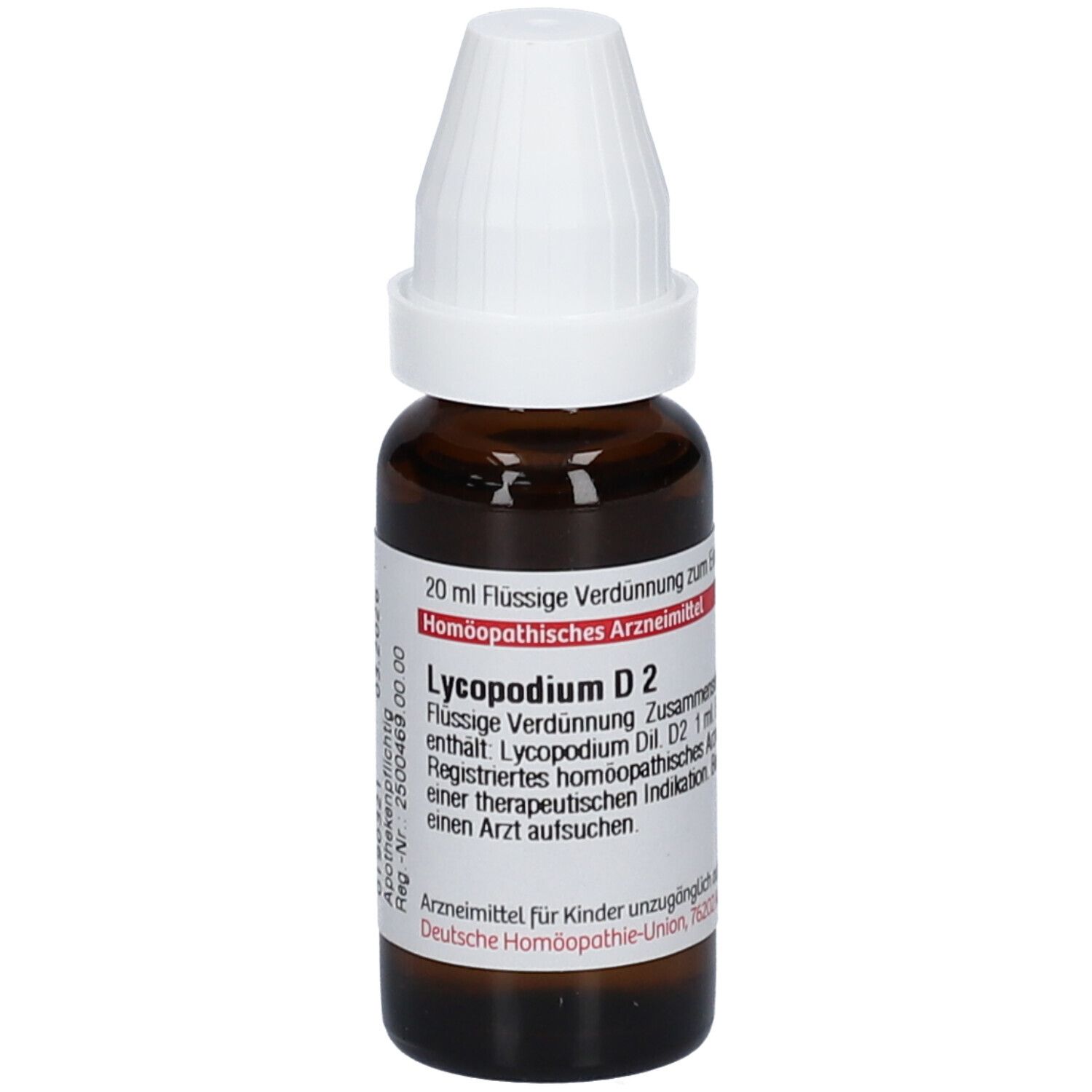Braune Glasflasche mit weißem Verschluss. Etikett mit Text: Lycopodium D2, 20 ml Flüssige Verdünnung. DHU.